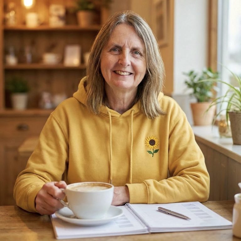 Jayne is sitting at a table, drinking a coffee and filling in her Peace of Mind Planner